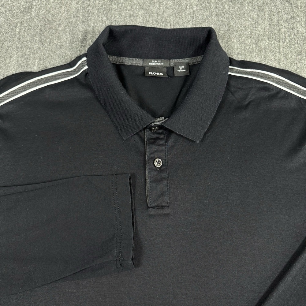 BOSS Hugo Boss Men's XL Slim Fit Mercerised Cotton Long Sleeve Polo Shirt Black